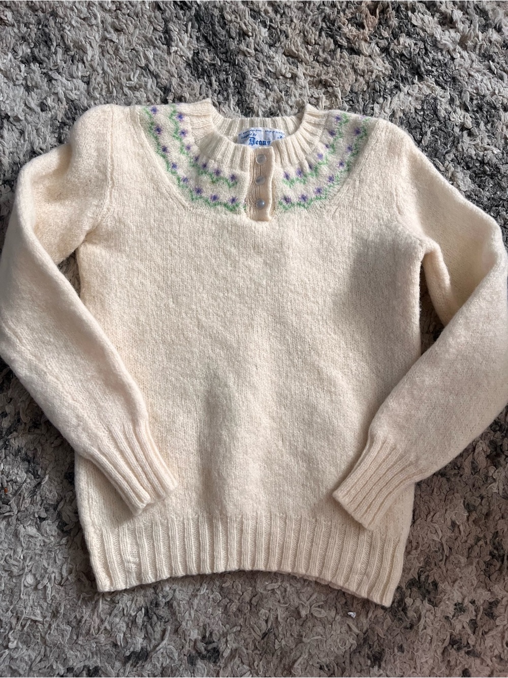 Shetland wool Scotland Cream Knit Kids Sweater with Pastel Yoke Detailing